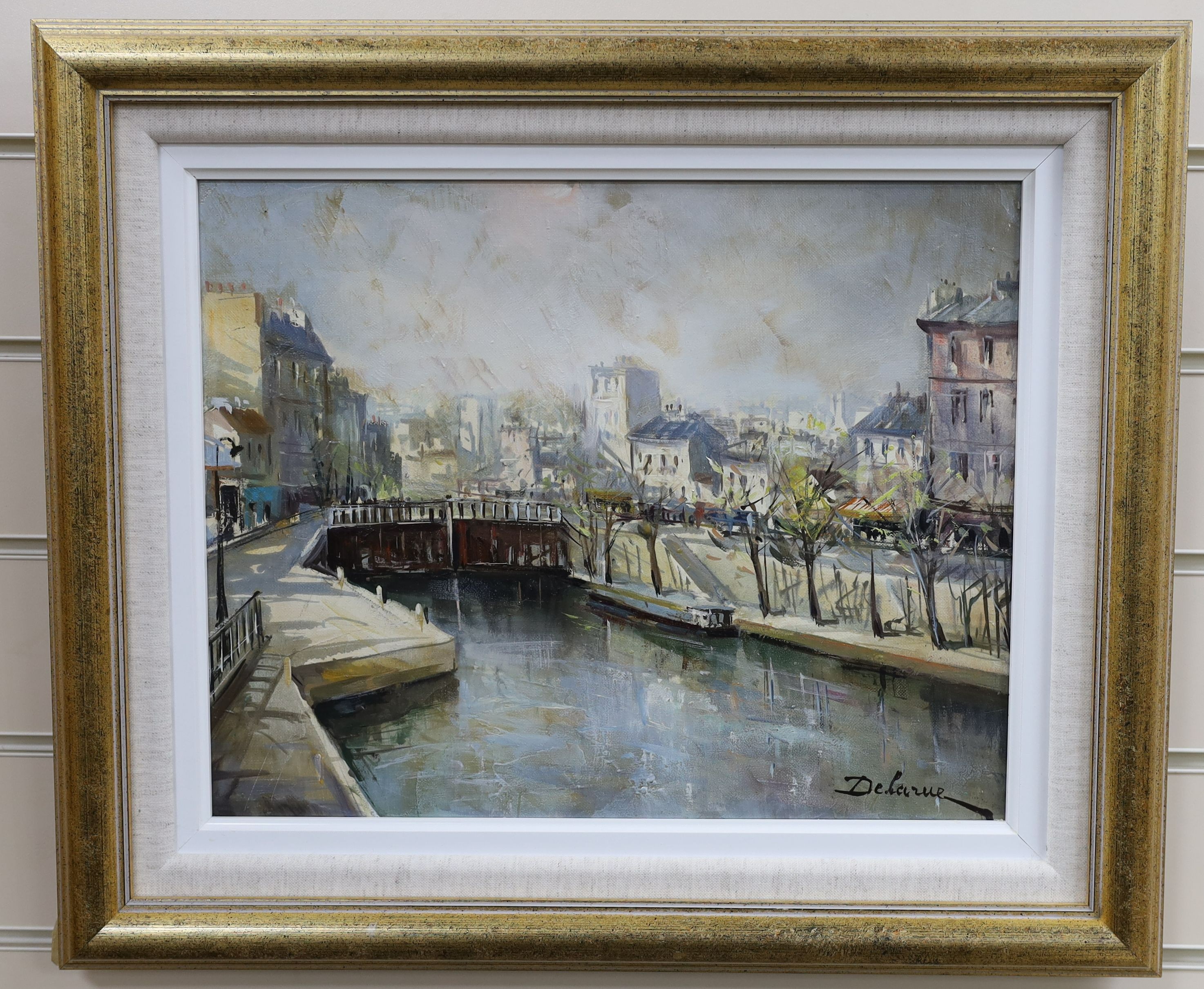 Lucien Delarue (French, 1925-2011), oil on canvas, 'Lock Gates', signed, 31 x 39cm, with Stacy Marks certificate